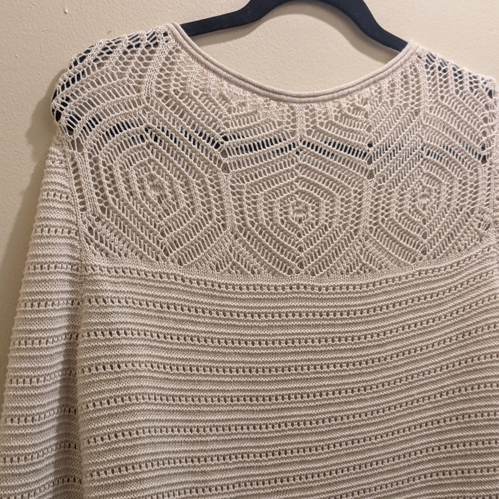 GAP Crochet Yoke Pattern Oatmeal Heather Cotton Knit Long Sleeve Sweater Top- L - Picture 6 of 11
